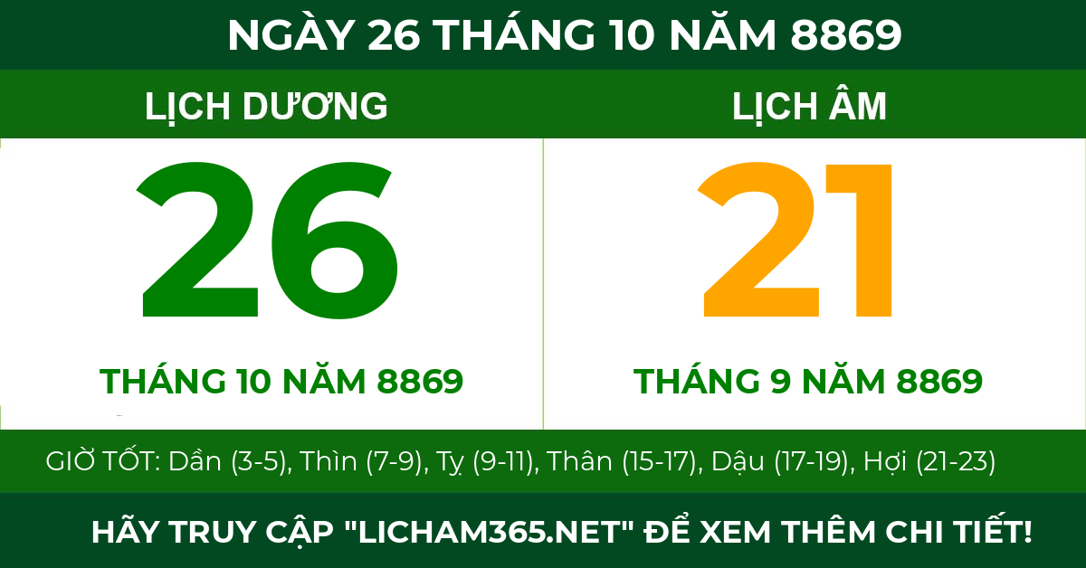 lịch âm ngày 26 tháng 10 năm 8869