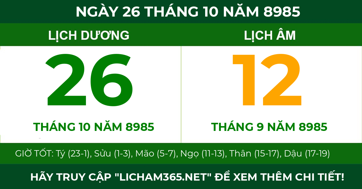 lịch âm ngày 26 tháng 10 năm 8985