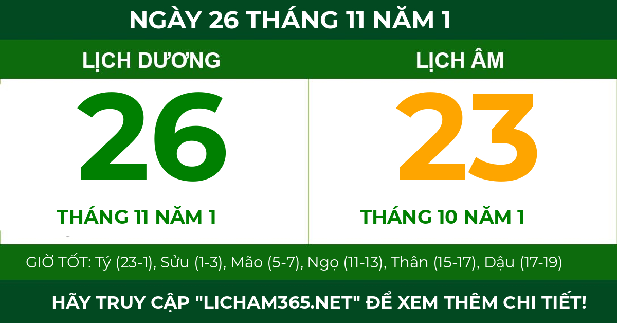 lịch âm ngày 26 tháng 11 năm 1