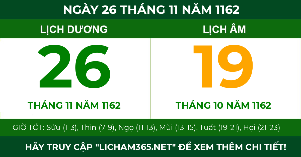 lịch âm ngày 26 tháng 11 năm 1162