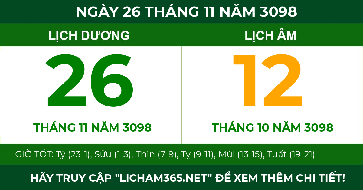 lịch âm ngày 26 tháng 11 năm 3098