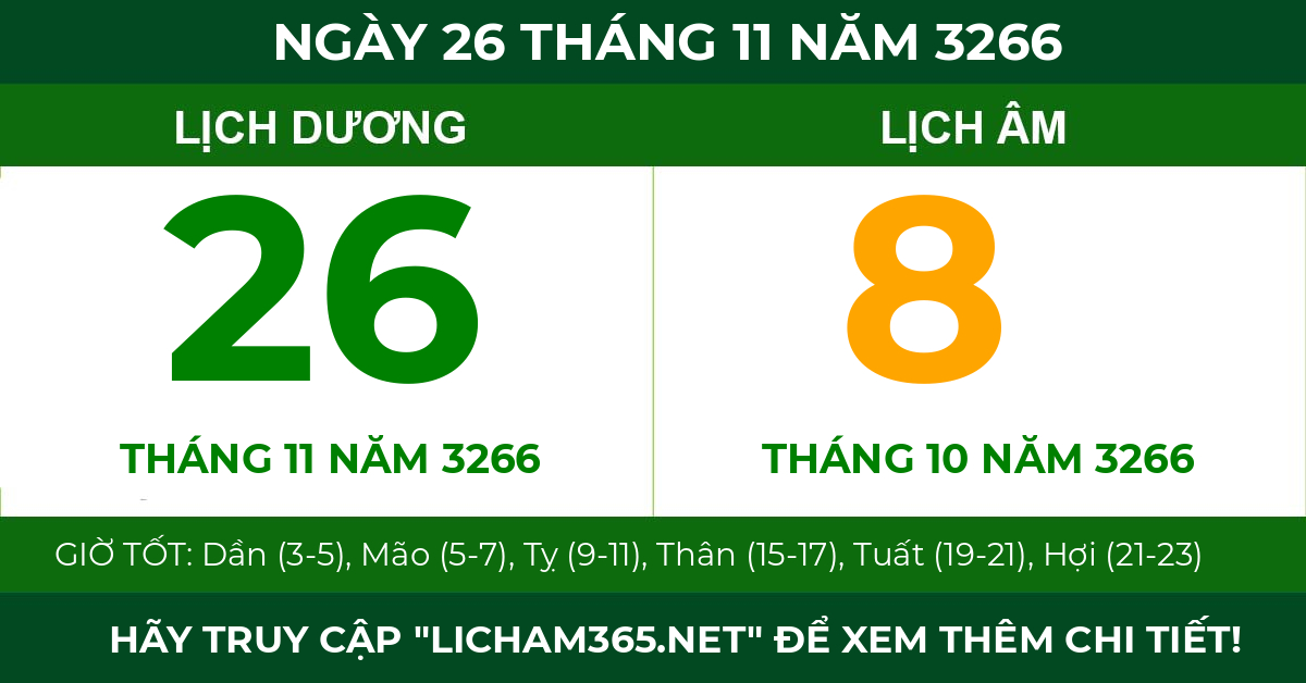 lịch âm ngày 26 tháng 11 năm 3266