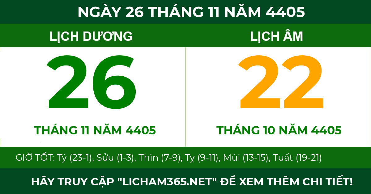 lịch âm ngày 26 tháng 11 năm 4405