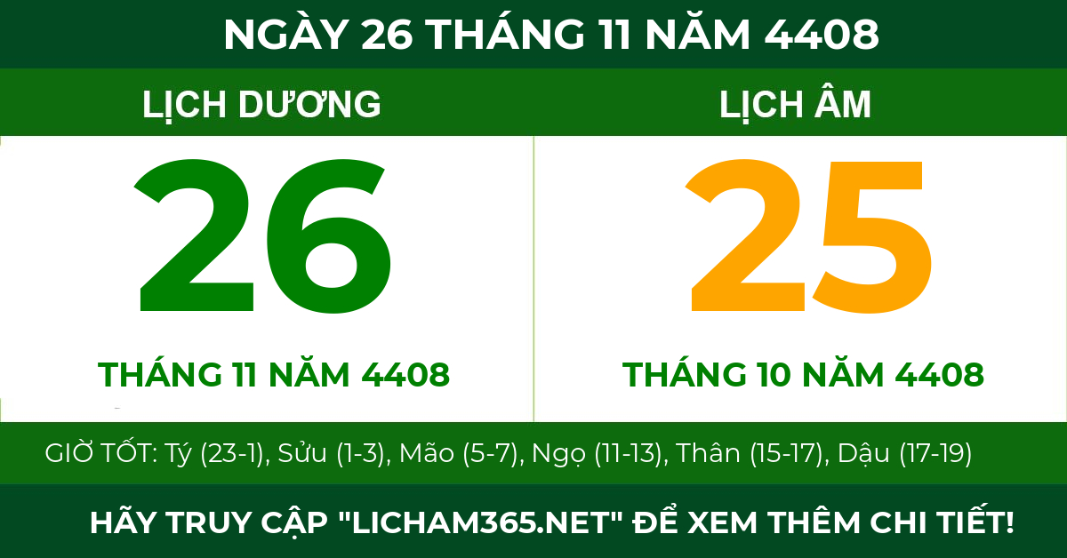 lịch âm ngày 26 tháng 11 năm 4408