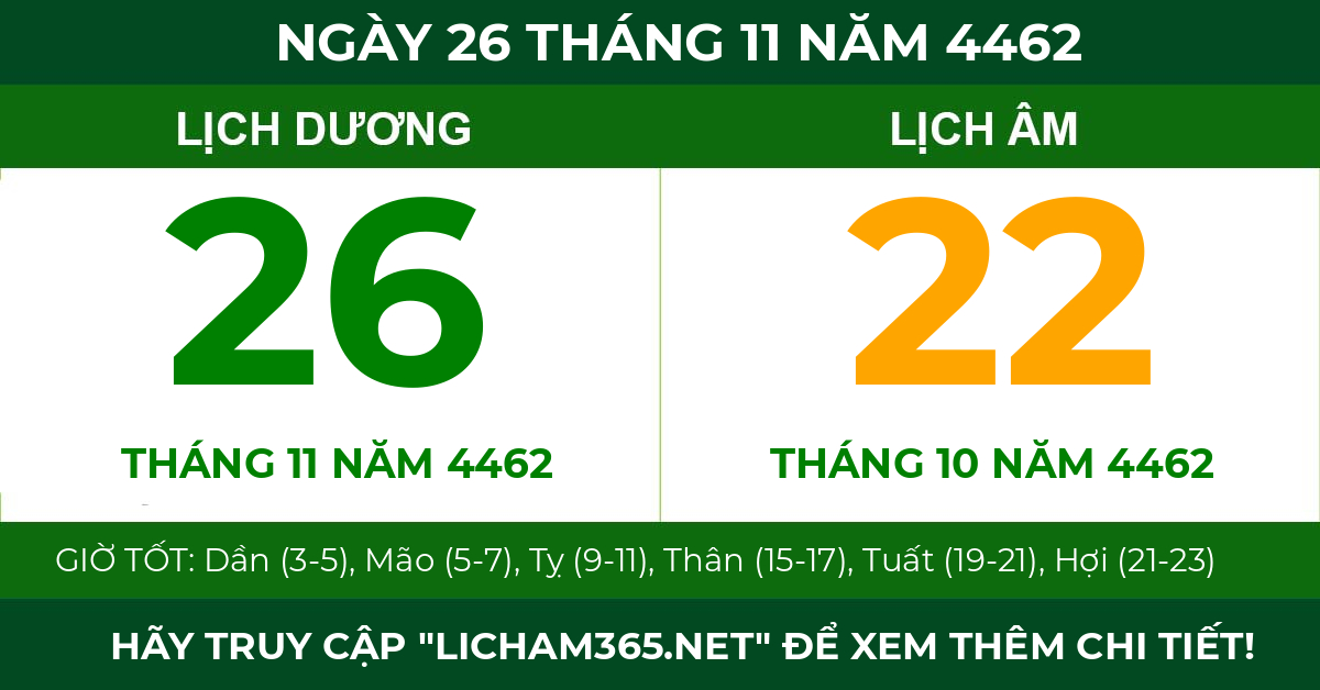 lịch âm ngày 26 tháng 11 năm 4462