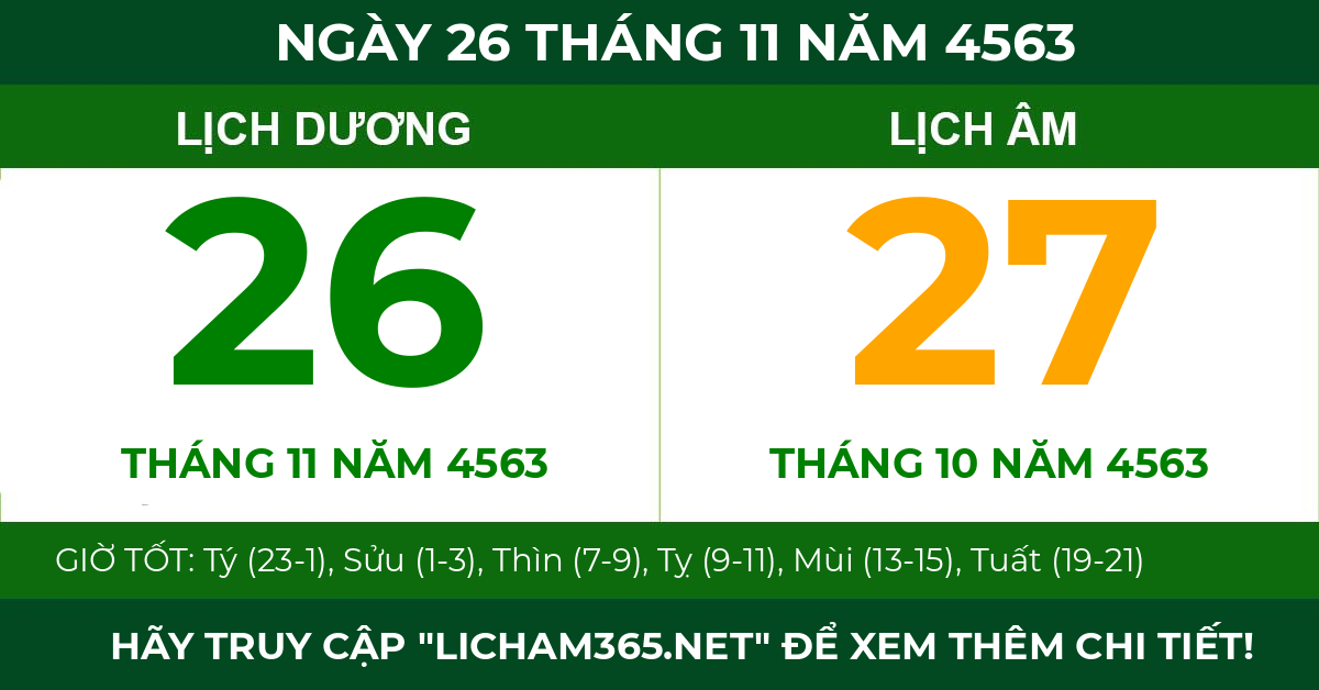 lịch âm ngày 26 tháng 11 năm 4563