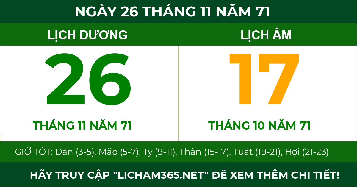 lịch âm ngày 26 tháng 11 năm 71