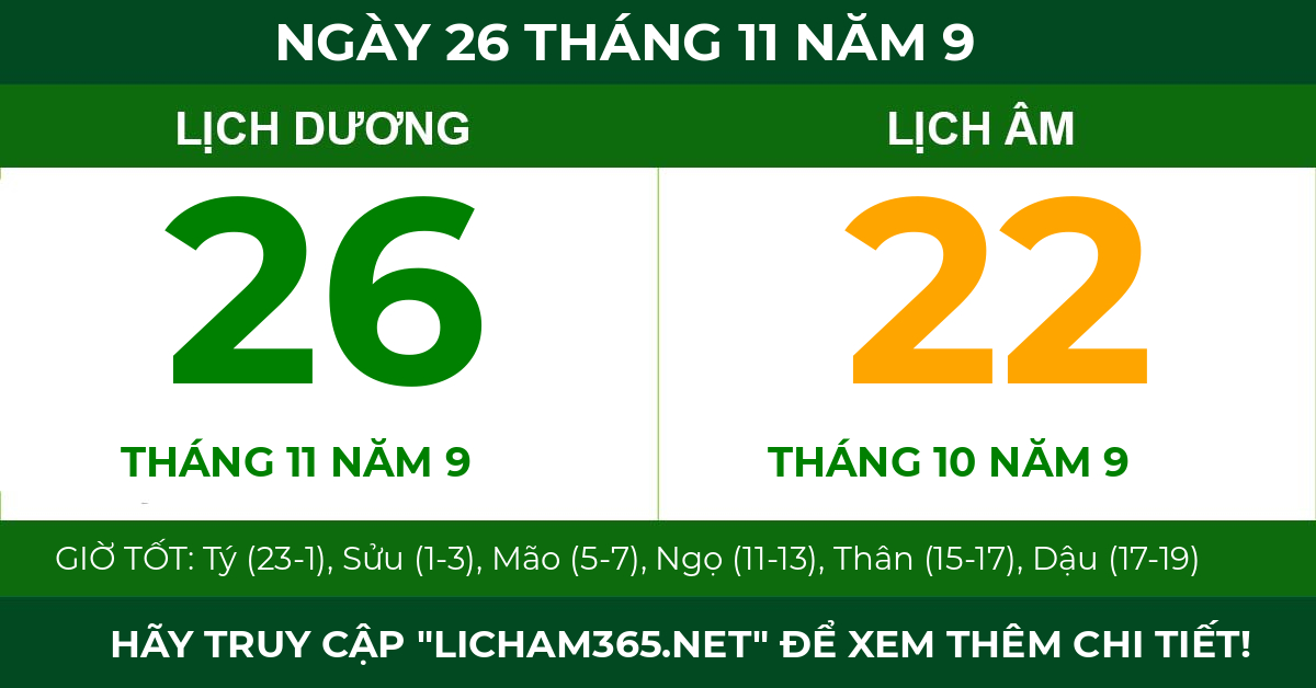 lịch âm ngày 26 tháng 11 năm 9