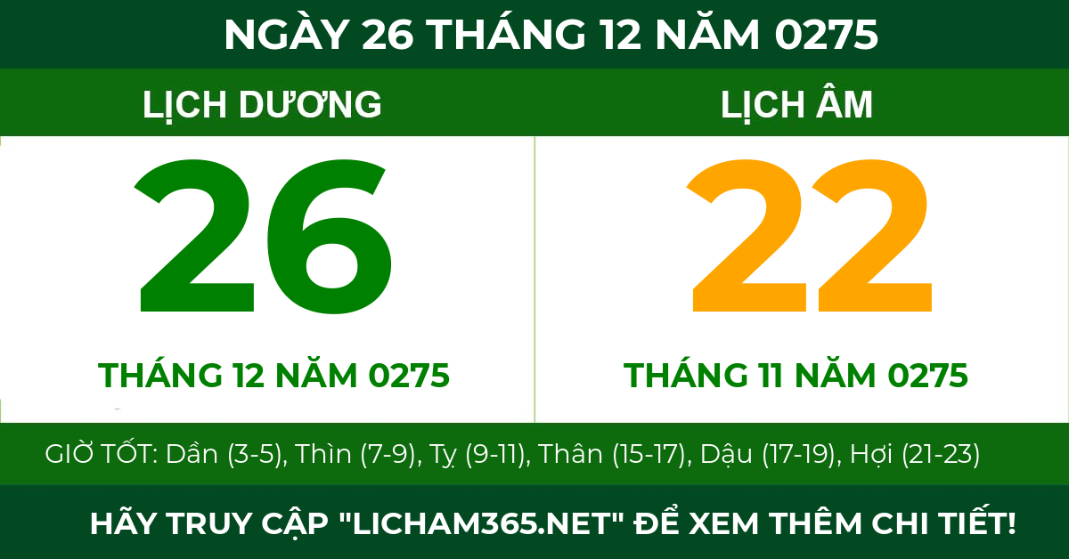 lịch âm ngày 26 tháng 12 năm 0275
