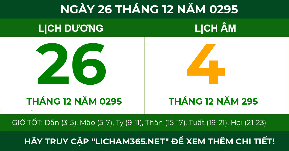 lịch âm ngày 26 tháng 12 năm 0295