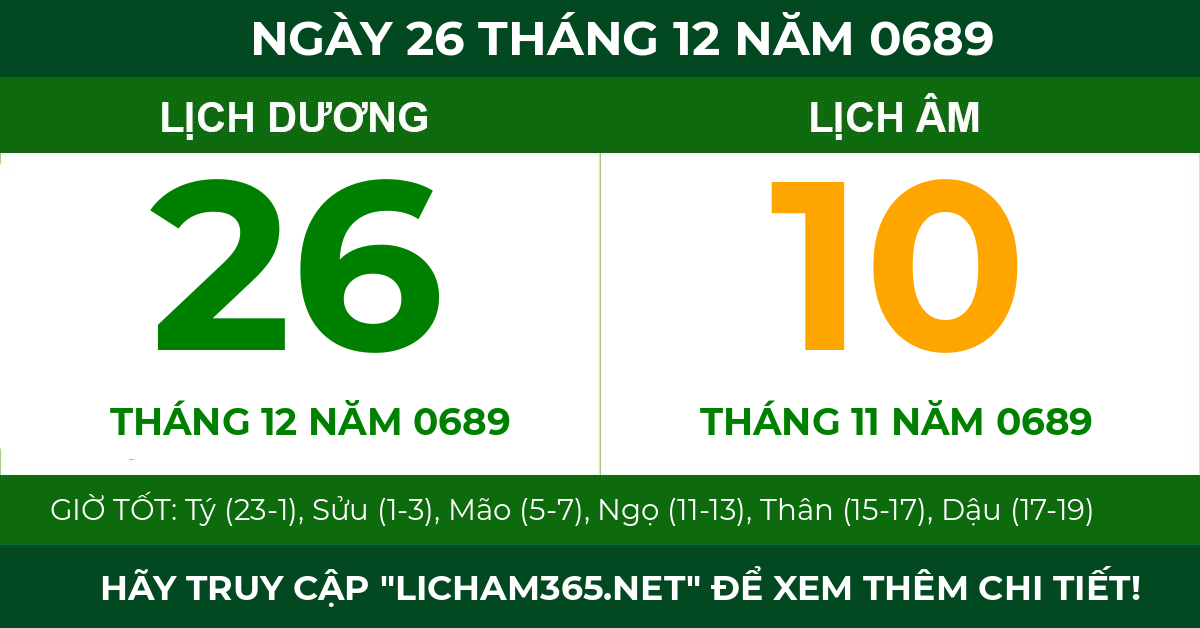lịch âm ngày 26 tháng 12 năm 0689