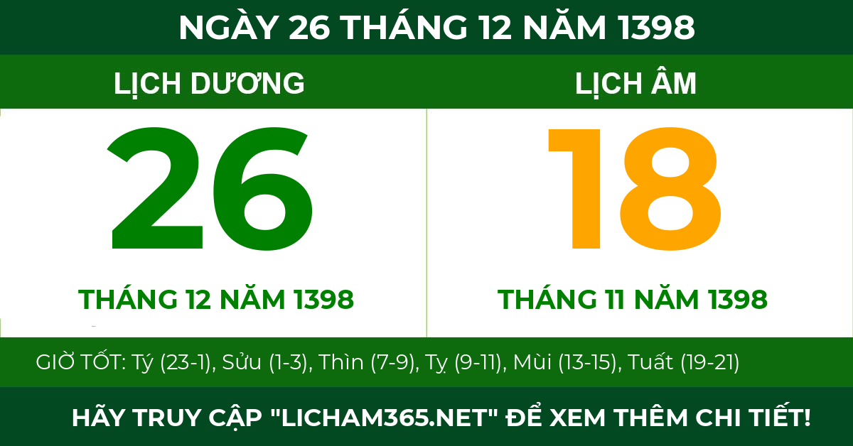 lịch âm ngày 26 tháng 12 năm 1398