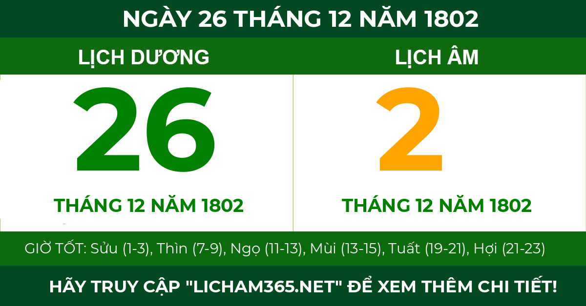 lịch âm ngày 26 tháng 12 năm 1802