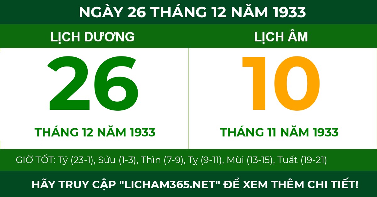 lịch âm ngày 26 tháng 12 năm 1933