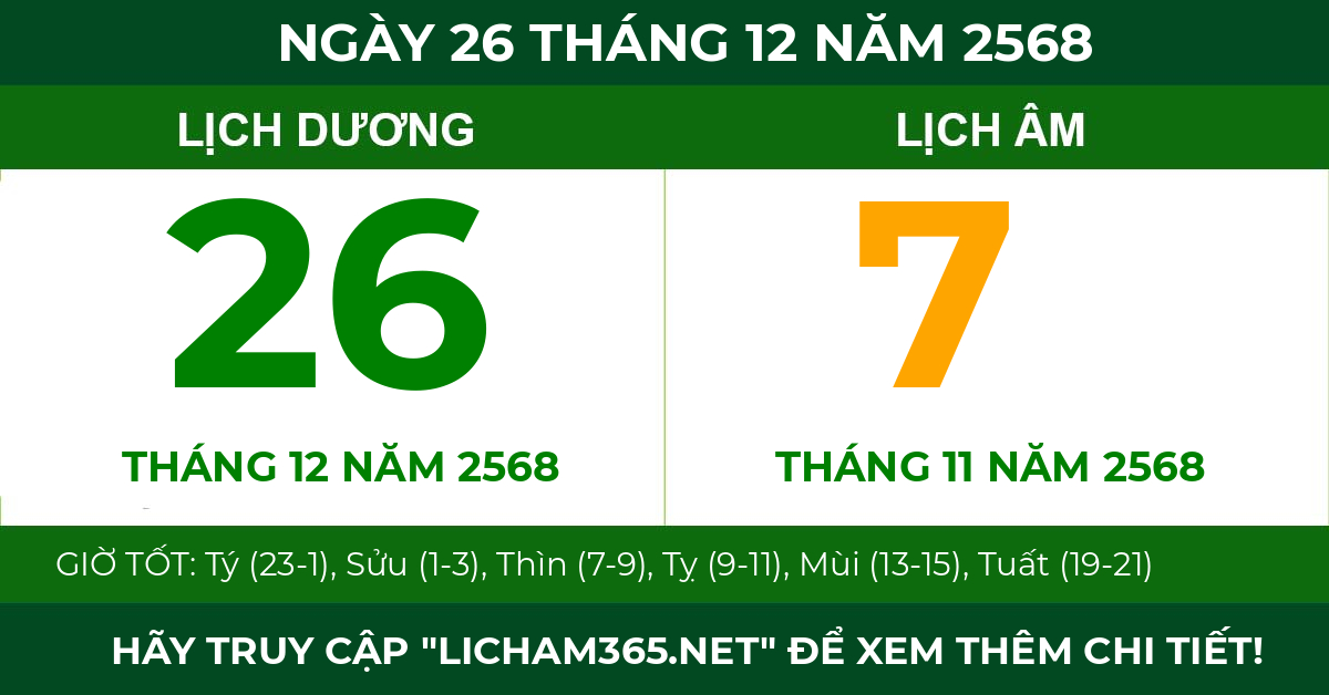 lịch âm ngày 26 tháng 12 năm 2568