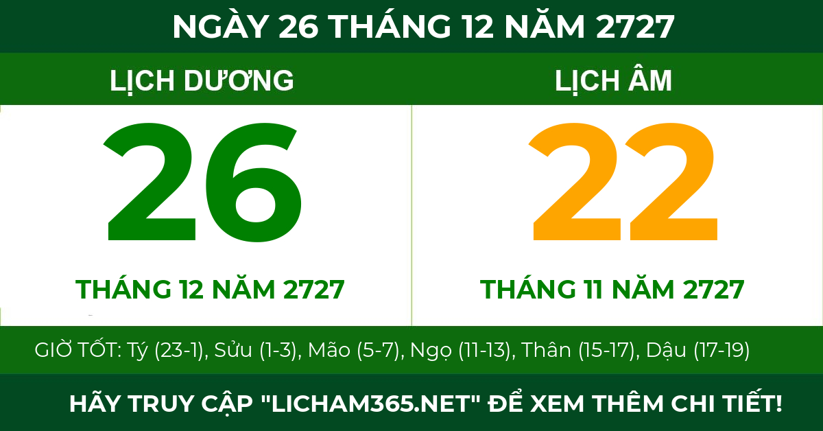 lịch âm ngày 26 tháng 12 năm 2727