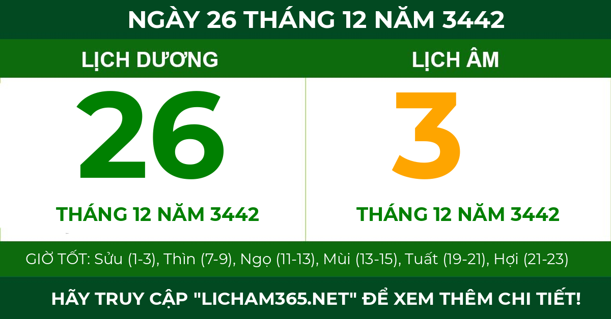 lịch âm ngày 26 tháng 12 năm 3442