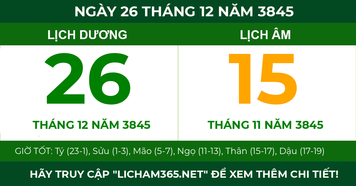 lịch âm ngày 26 tháng 12 năm 3845
