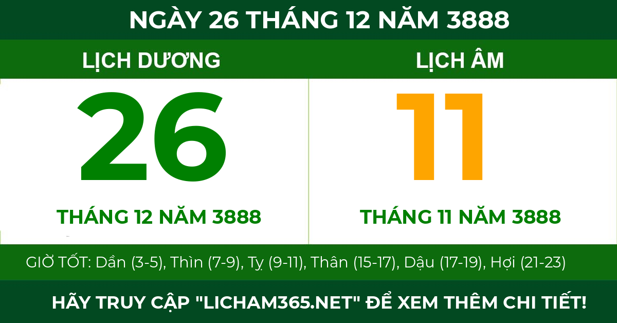 lịch âm ngày 26 tháng 12 năm 3888