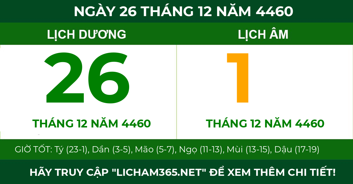 lịch âm ngày 26 tháng 12 năm 4460