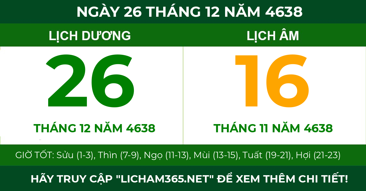 lịch âm ngày 26 tháng 12 năm 4638