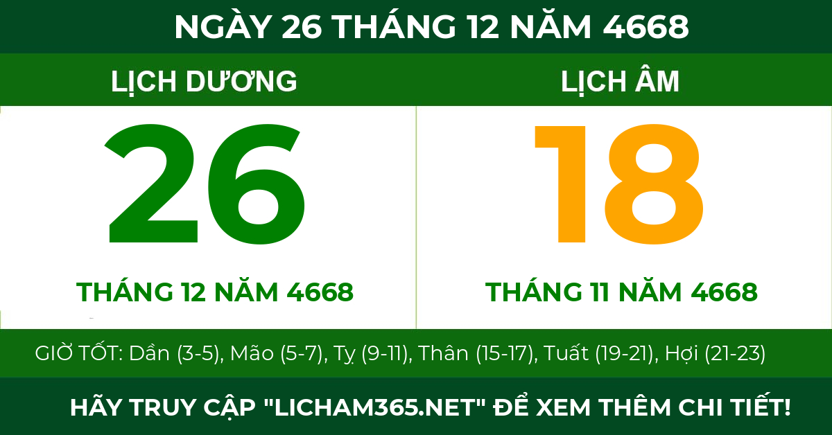lịch âm ngày 26 tháng 12 năm 4668
