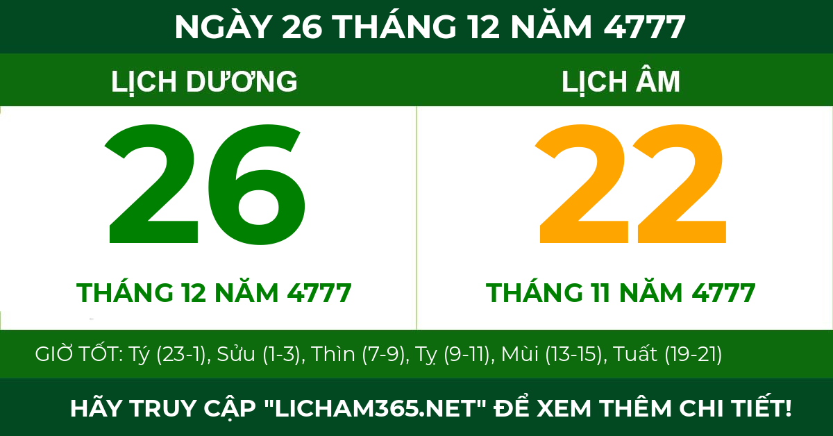 lịch âm ngày 26 tháng 12 năm 4777