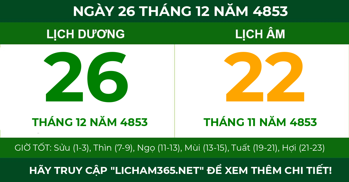 lịch âm ngày 26 tháng 12 năm 4853
