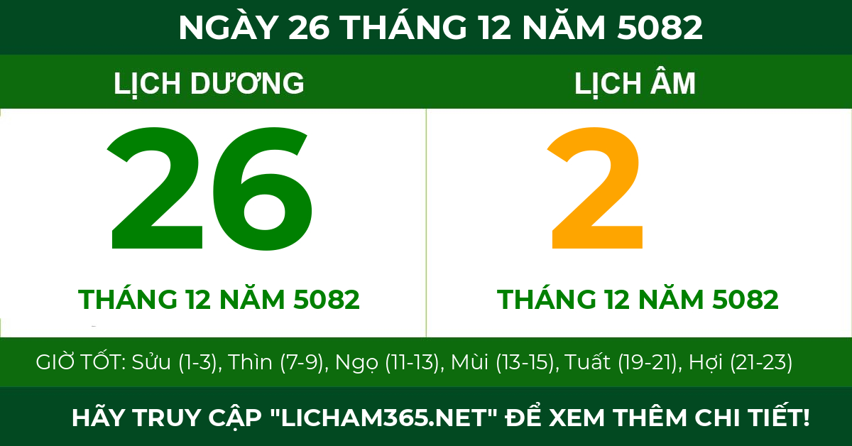 lịch âm ngày 26 tháng 12 năm 5082