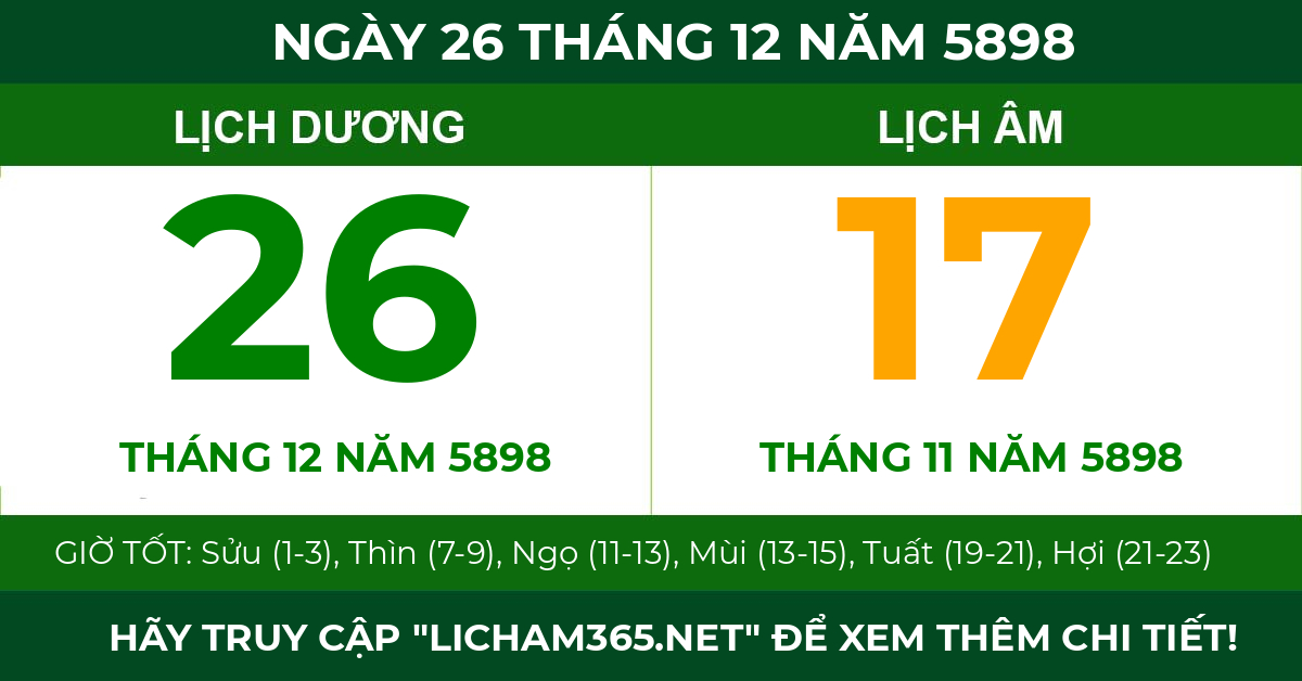 lịch âm ngày 26 tháng 12 năm 5898