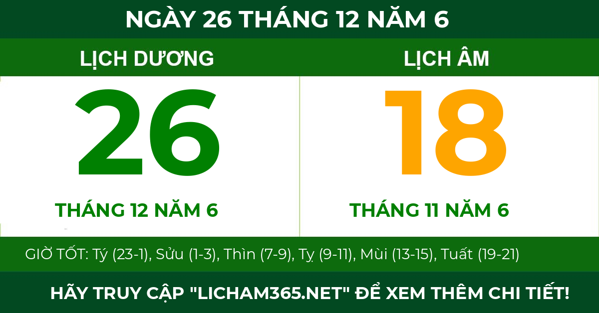lịch âm ngày 26 tháng 12 năm 6