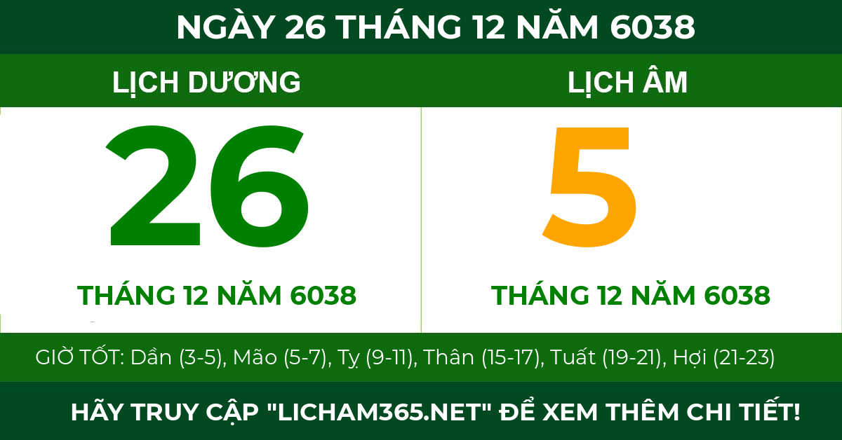 lịch âm ngày 26 tháng 12 năm 6038