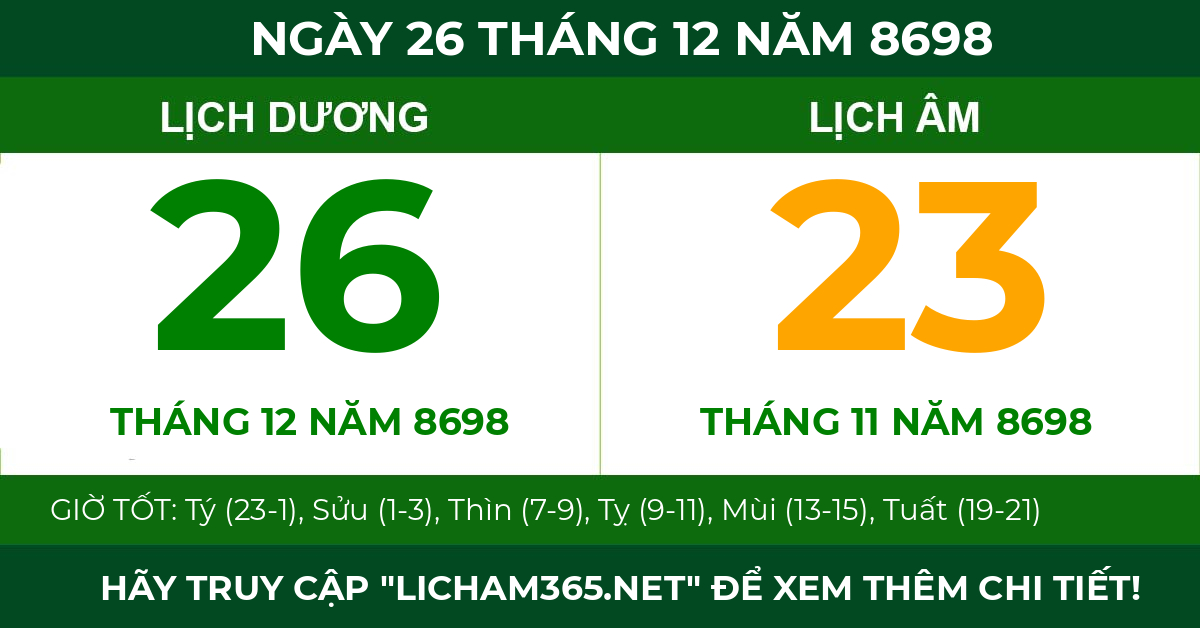 lịch âm ngày 26 tháng 12 năm 8698