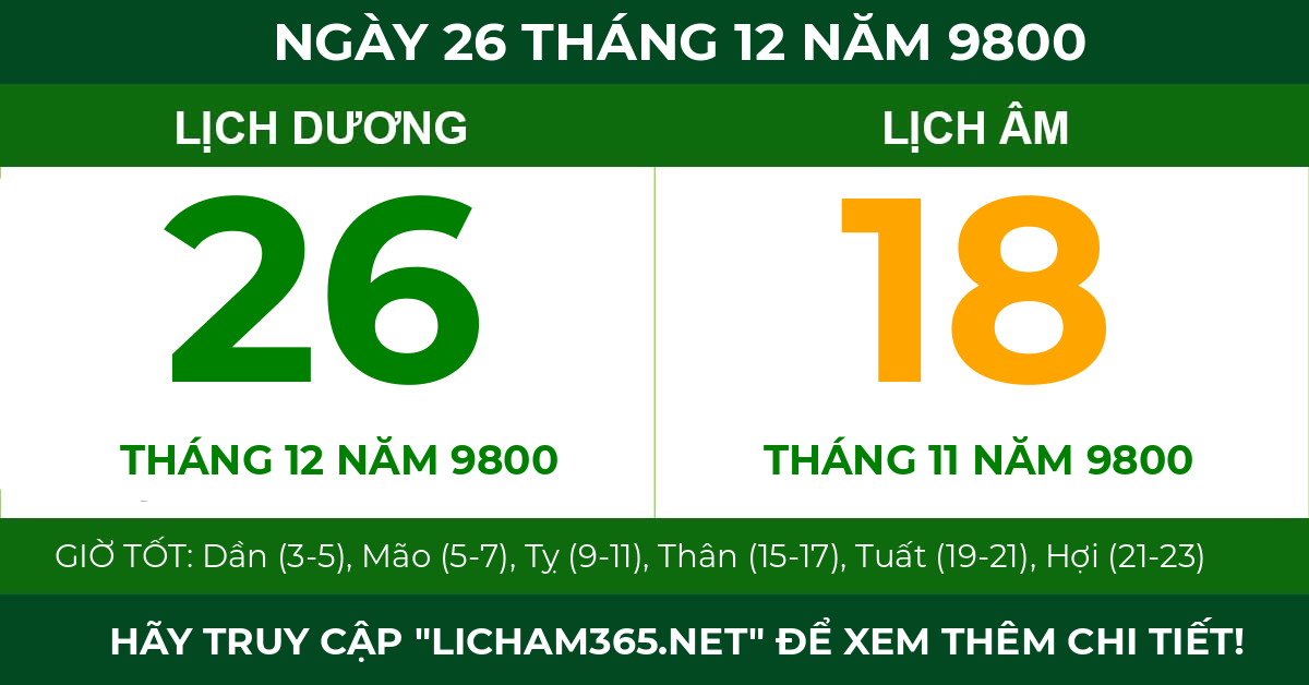 lịch âm ngày 26 tháng 12 năm 9800