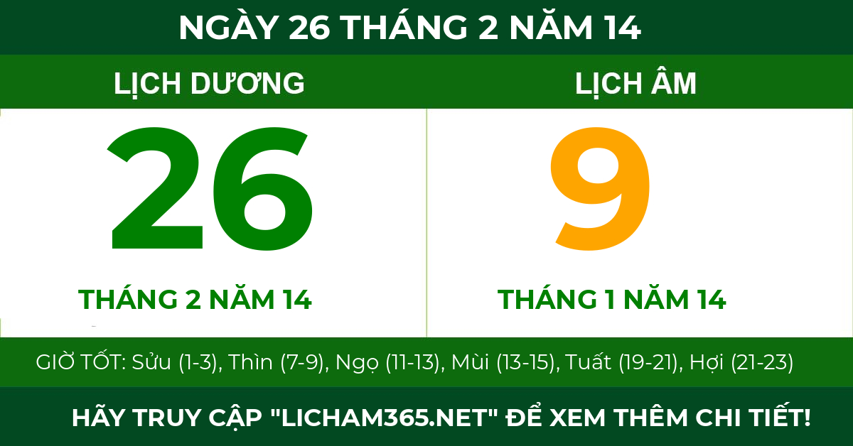 lịch âm ngày 26 tháng 2 năm 14