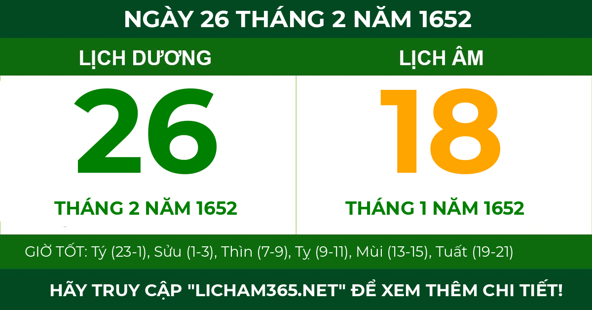 lịch âm ngày 26 tháng 2 năm 1652