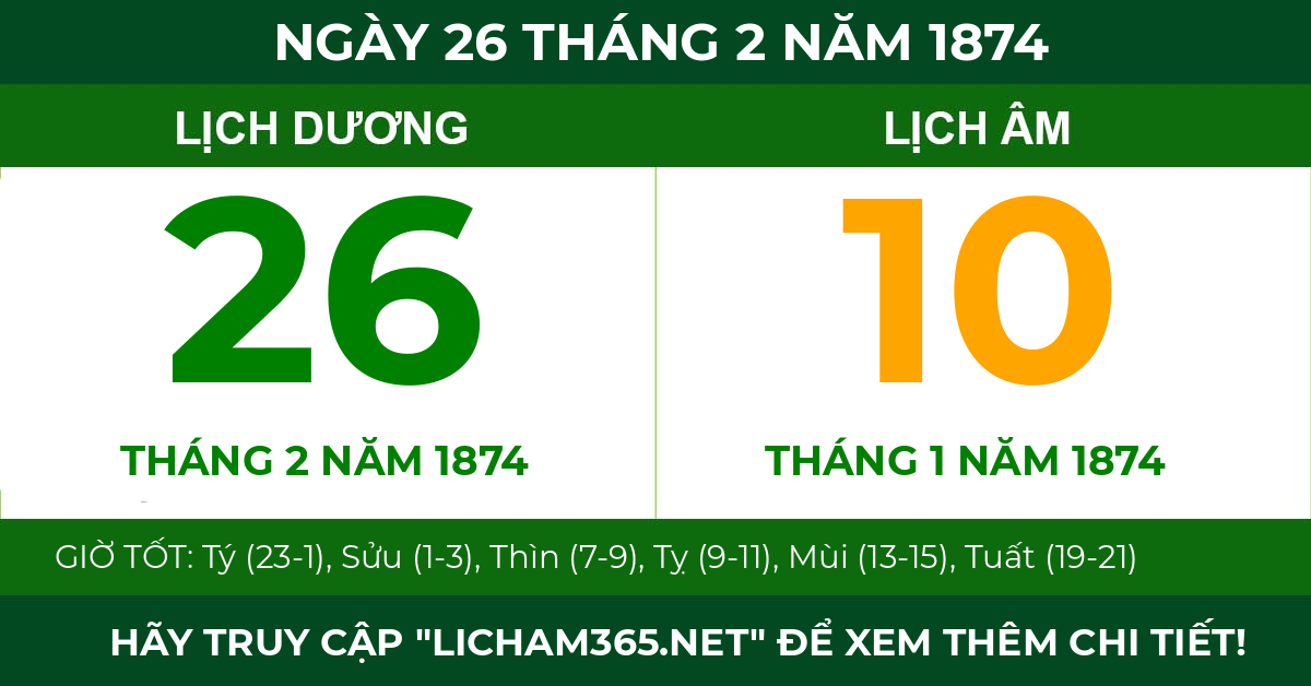 lịch âm ngày 26 tháng 2 năm 1874