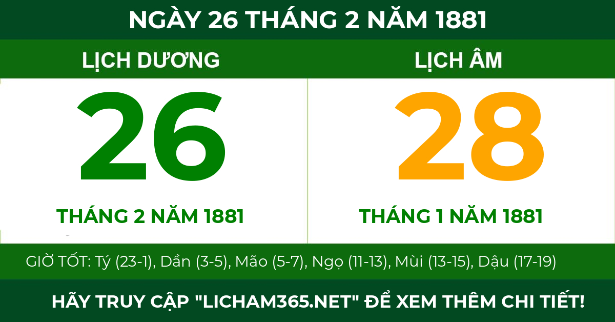 lịch âm ngày 26 tháng 2 năm 1881