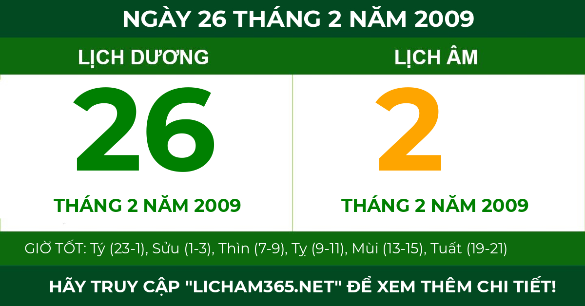 lịch âm ngày 26 tháng 2 năm 2009