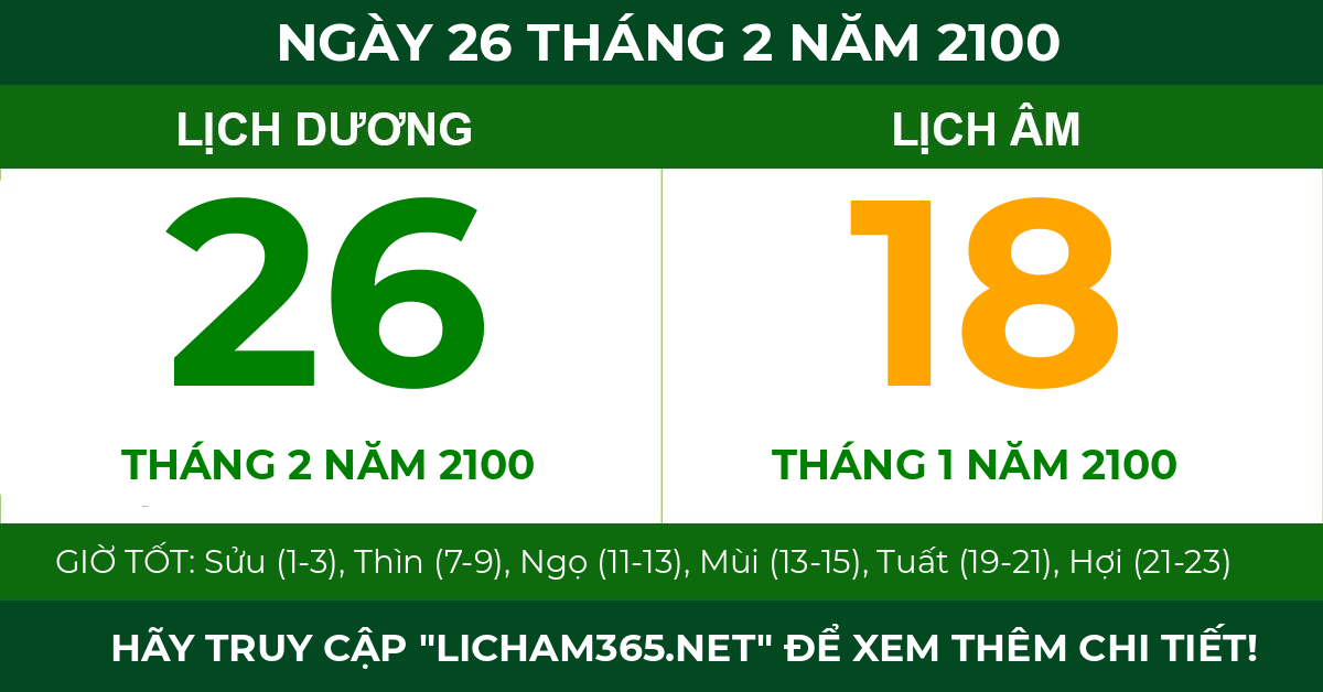 lịch âm ngày 26 tháng 2 năm 2100