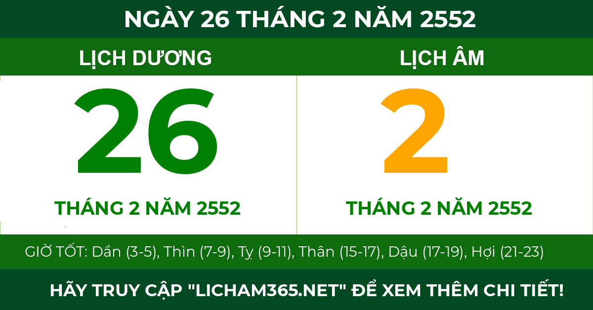 lịch âm ngày 26 tháng 2 năm 2552