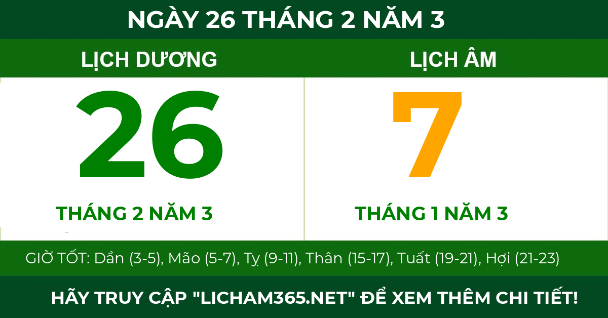 lịch âm ngày 26 tháng 2 năm 3