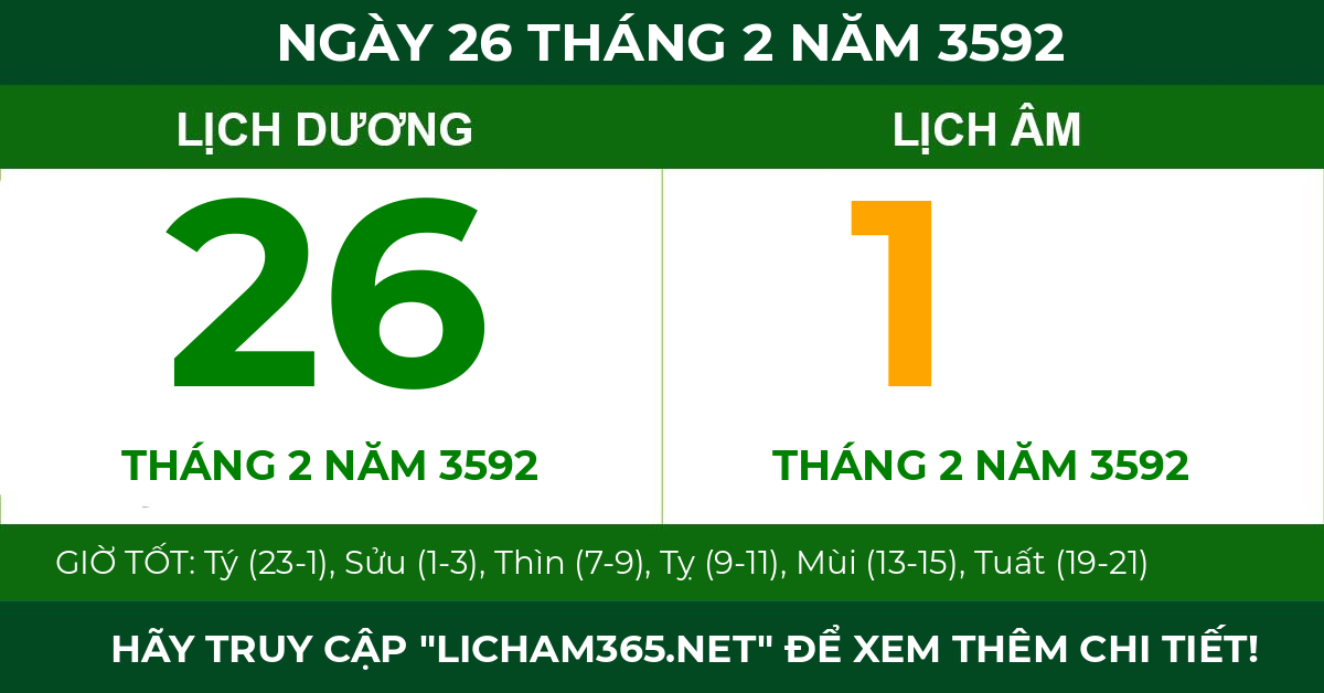 lịch âm ngày 26 tháng 2 năm 3592