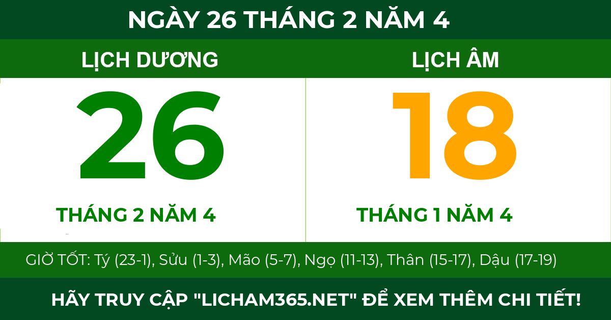 lịch âm ngày 26 tháng 2 năm 4