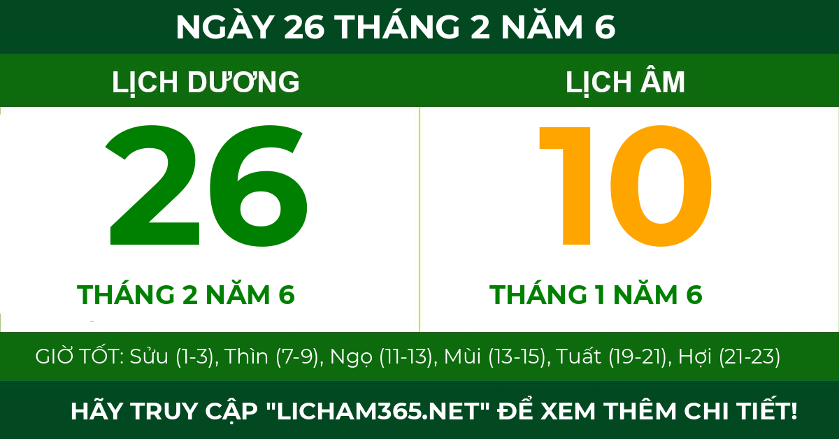 lịch âm ngày 26 tháng 2 năm 6