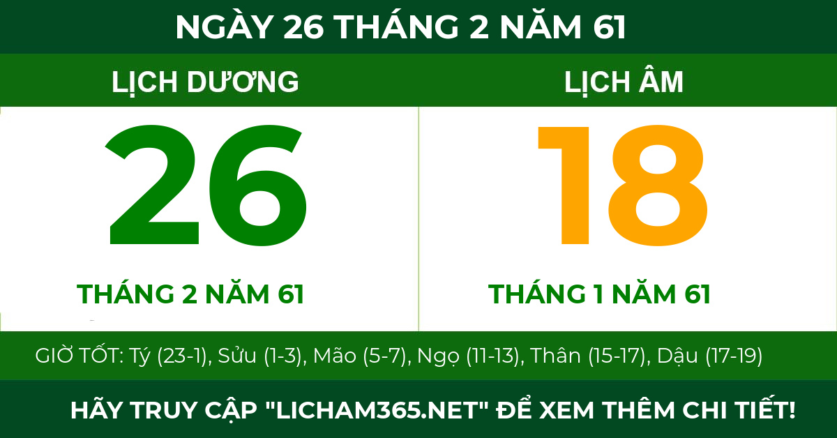 lịch âm ngày 26 tháng 2 năm 61