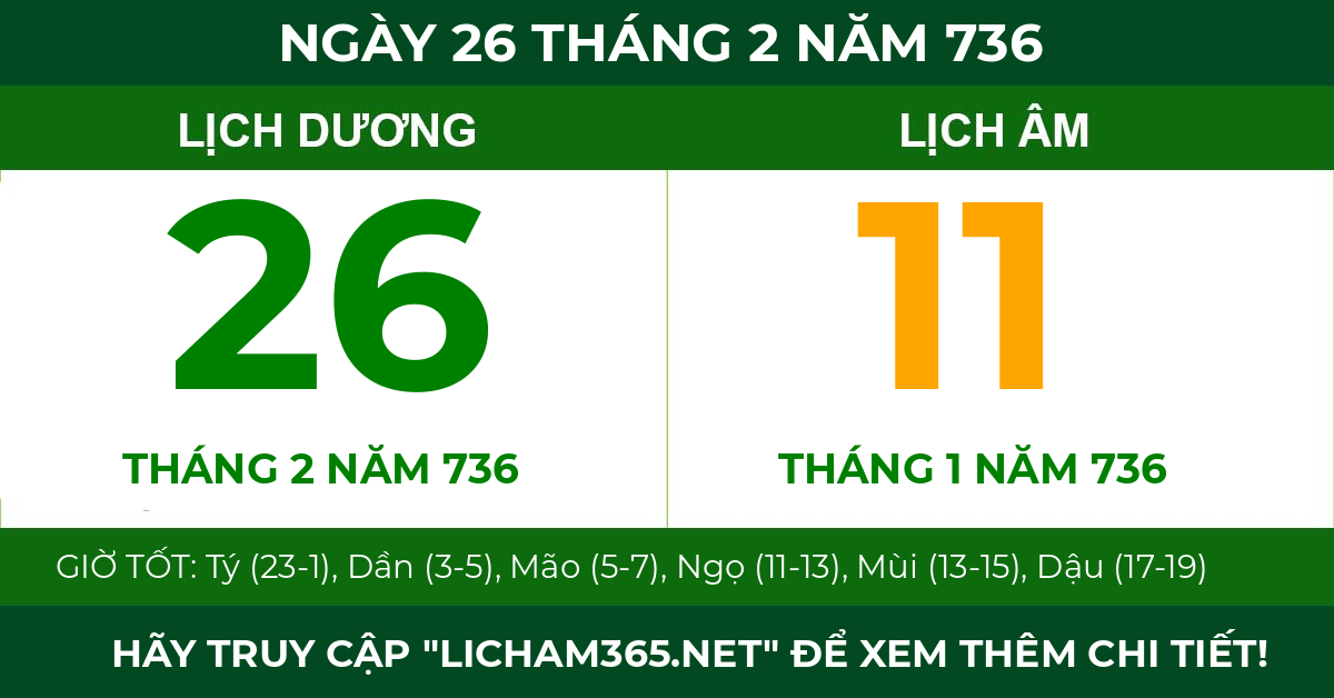 lịch âm ngày 26 tháng 2 năm 736
