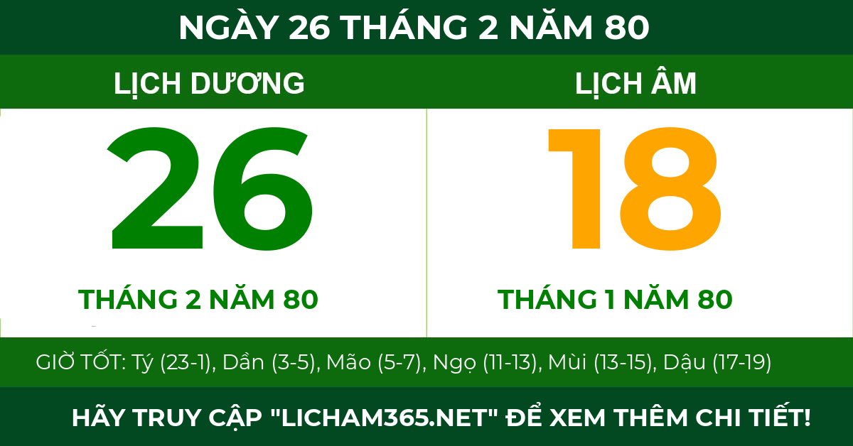 lịch âm ngày 26 tháng 2 năm 80