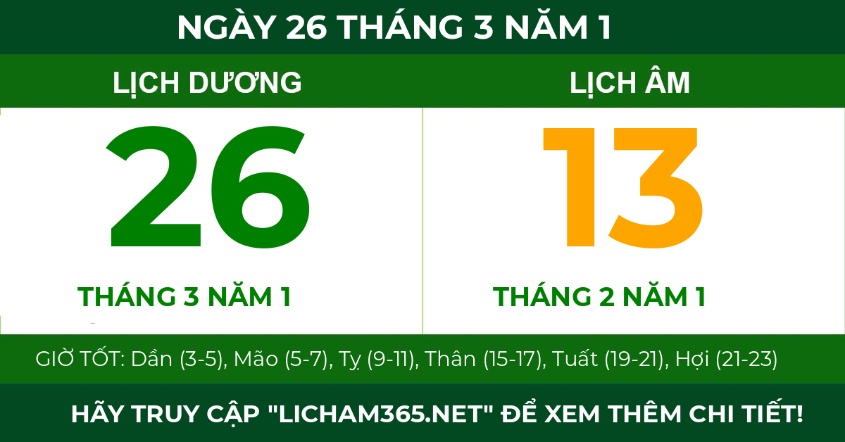 lịch âm ngày 26 tháng 3 năm 1