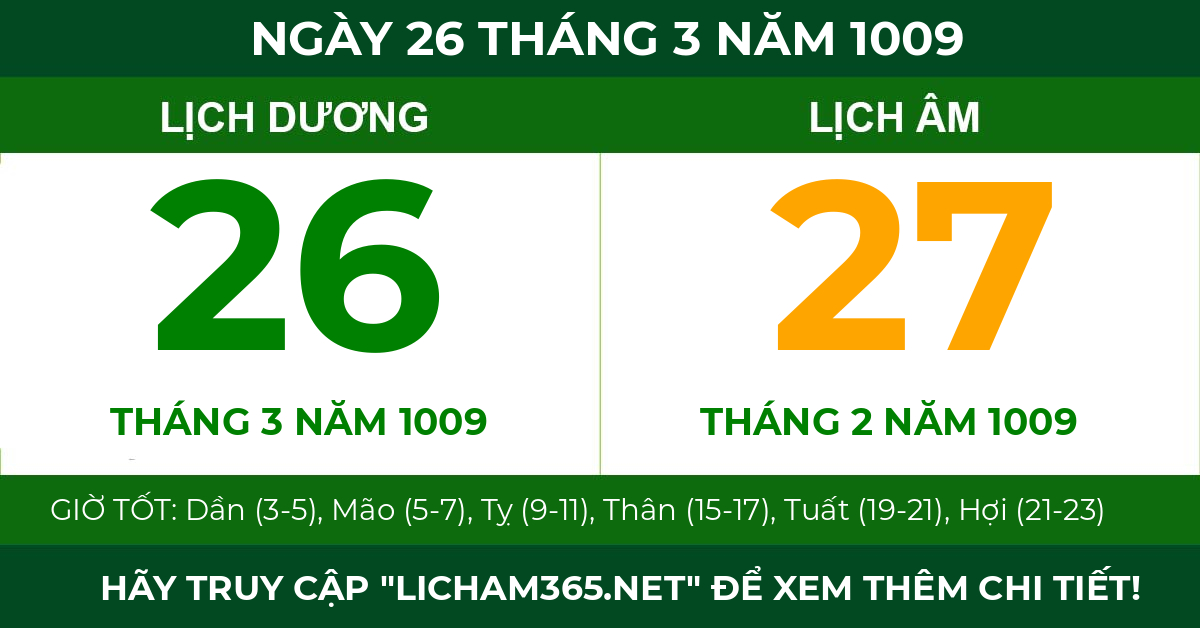 lịch âm ngày 26 tháng 3 năm 1009